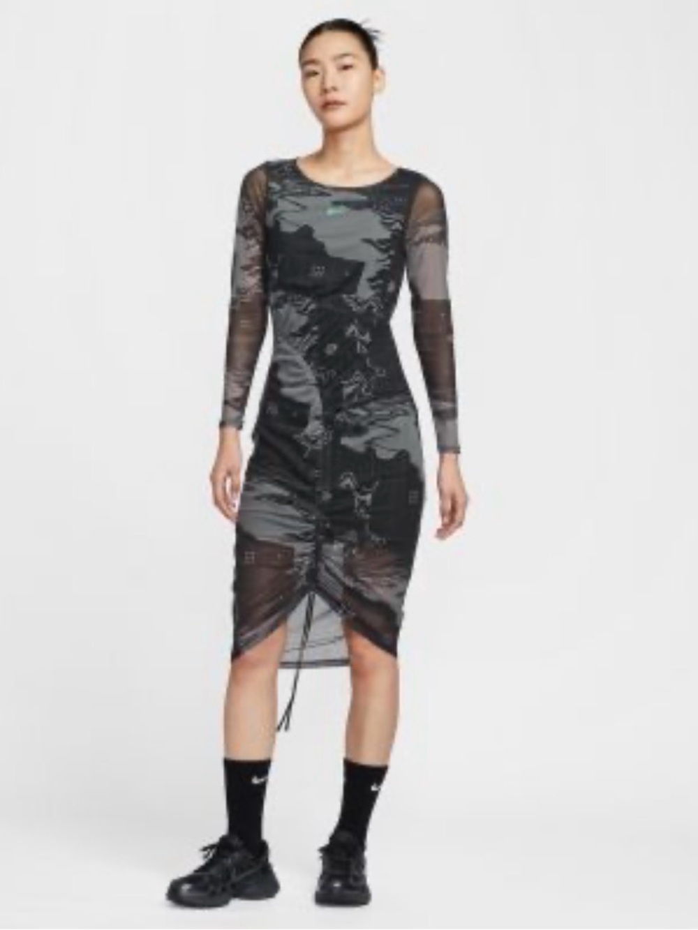 Nike Black Sheer Camo Ruched Long-Sleeve Midi Dress